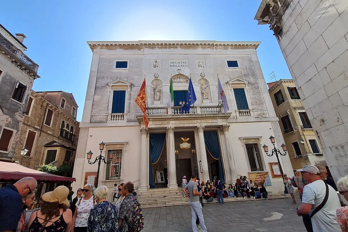 The columned front of the Teatro La Fenice opera house in Venice